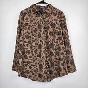 Roaman's Women's Size 14W Brown Black Long Sleeve Button Up Shirt